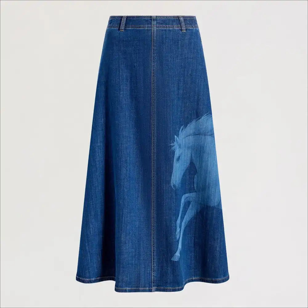 Horse Print Denim Midi Skirt